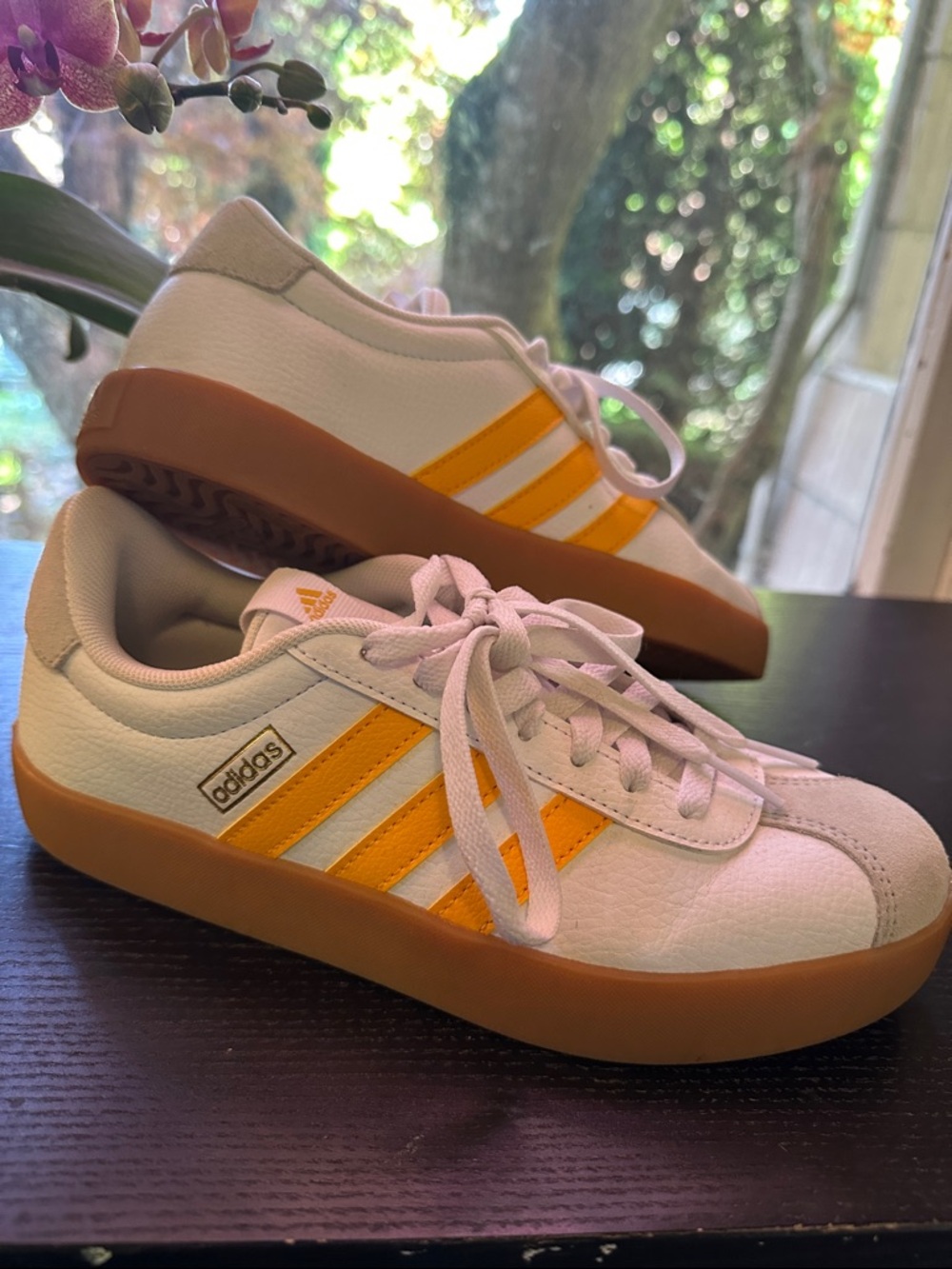adidas White and Yellow Low-Top Sneakers with Gum Sole